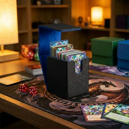 Vertical Deck Box Plus Version, Large Trading Card Case Fits 100+ Double Sleeved Cards, Premium Saffiano Leather TCG Storage for MTG Commander, Pokémon, TCG, CCG, Magnetic Closure -Black+Blue - color: VP Black+Blue