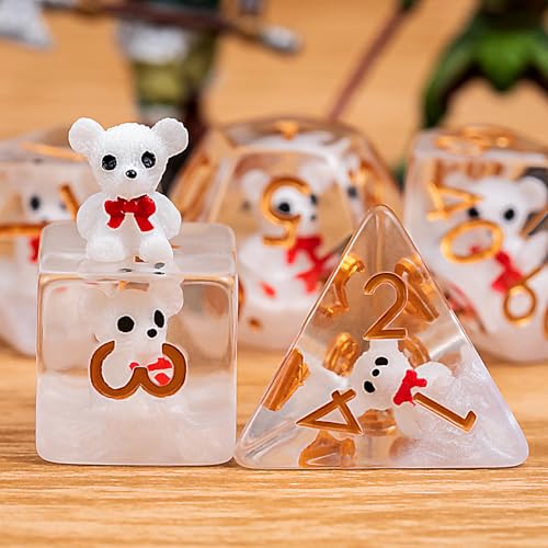 DND Resin Bear Dice Set, D&D Polyhedral Dice for Dungeons and Dragons RPG, MTG Role Playing Games D and D Dice 7pcs-Set D20 D12 D10 D8 D6 D4 - color: Bear-white