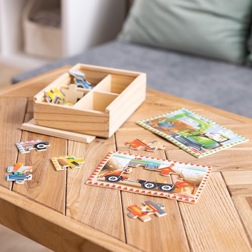 Melissa & Doug 4‑in‑1 Wooden Construction Vehicles Jigsaw Puzzle Set, 48 Pieces with Storage Box, Toddler Puzzle Toy for Kids Ages 3+ - FSC Certified - style: Construction