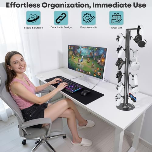 Gaming Controller & Headset Holder Stand for Desk, with Charger Cable Organizer Headphone Stand for PS5/ Xbox/ PS4/ Switch, Metal Base Controller Hook for Storage with 360° Rotatable Hanger- 6 Tiers - size: 6 Tiers