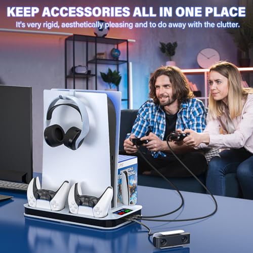 PS5 / PS5 Slim Cooling Station with Controller Charging Station for PlayStation 5 Console Disc/Digital, Cooling Stand for PlayStation 5 Slim with Cooler Fan Accessories with 3 USB Hubs/Headset Holder - color: White