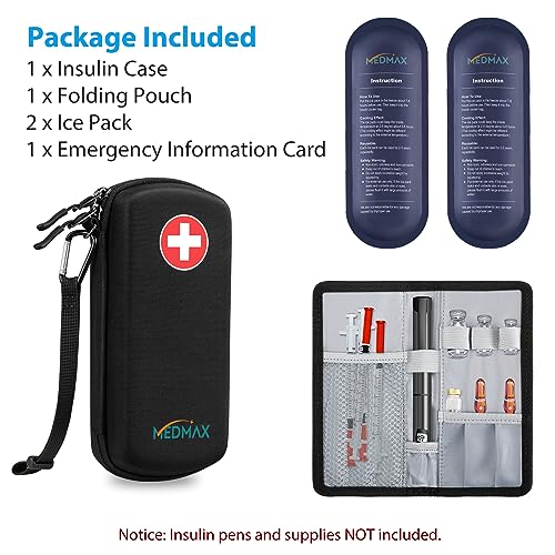 MEDMAX Hard Shell Insulin Cooler Travel Case with 2 Ice Pack, Shock Absorption Insulated Diabetic Medication Organizer Carrying Bag with Extra Pouch for Insulin Pen and Other Diabetic Supplies, Black - color: Black