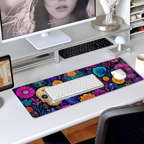 31.5”x11.8”Large Gaming Mouse Pad for Desk, Mouse Mat with Seamed Edges, Waterproof Desk Pad, Non-Slip Rubber Base, Keyboard Pad Computer Mat, Big XL Mousepad-Skull Flower - color: Skull Flower
