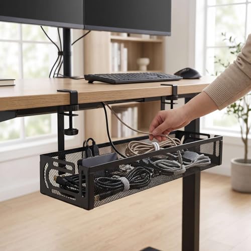 AUNMAS Under Desk Cable Management Tray Cord Organizer with Clamp for Home Office Standing Desk No Tools Needed Adjustable Mount Carbon Steel Mesh (L Black)