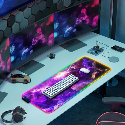 Gerlos RGB Gaming Mouse Pad, Large LED Desk Mat, 31.5 x 11.8 Inch | 12 light modes, non-slip base, water-resistant surface, stitched edges - color: Purple