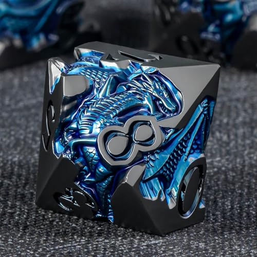 Roycevon Relief Dragon DND Dice Set for Role Playing Game, 7Pcs Metal D&D Dice Set Dungeons Dragons with Gift Box, Polyhedral D and D Dice D20 D12 D10 D8 D6 D4, Blue and Black - color: Blue and Black