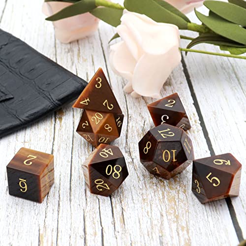 Haxtec Tiger's Eye Gemstone DND Dice Set Natural Stone Polyhedral Dice W/Premium Dice Case Compatible with Dungeons and Dragons Role Playing Board Games D&D Gift - color: Brown Gold