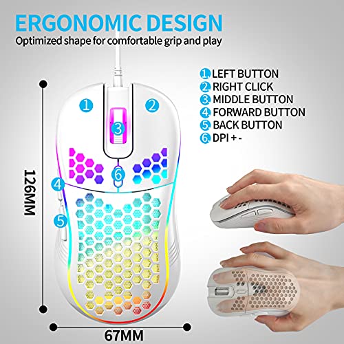Techsea Honeycomb Wired Gaming Mouse with RGB On/Off Switch, 7200 Adjustable DPI, Ergonomic Lightweight Design & High Precision Sensor for PC/Mac Gamers (White) - color: Ceramic White