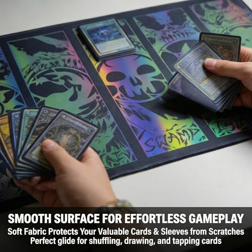 Holographic TCG Playmat for MTG with Waterproof Oxford Bag, Premium Trading Card Game Mat with Stitched Edges, Iridescent Elemental Game Pad, Anti-Slip Rubber Base (Basicland) - color: Basicland
