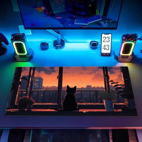 Anime Cat Sunset Desk Mat, Cozy Window View Large Mouse Pad 31.5x15.7 in | Cozy anime cat sunset desk pad with 3mm plush cushion, smooth fabric top, and non-slip rubber core. - color: Lofi Cat