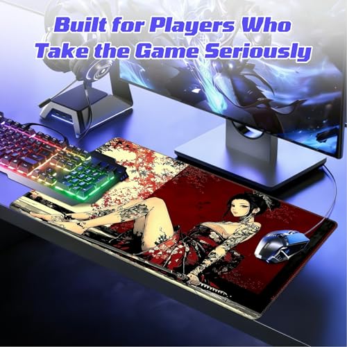 Japanese Tattooed Woman MTG Playmat, Card Game Play Mat with Stitched Edges, Smooth Surface Board Game Trading Card Mat, Non-Slip Rubber Base Large Gaming Mouse Pad 24 x 14 Inch - color: Japanese Tattooed Woman