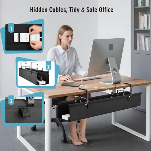 No Drill Large Under Desk Cable Management Tray, Fabric Cord Hider for Wire Organizer, Clamp/Screw Mount Cord Organizer, Standing Desk Cable Management for Office Home (Large (36 Inch))