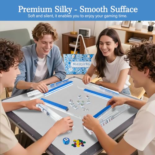 American Mahjong Game Set, Complete Mahjong Set with 160 Premium White Tiles and Mahjong Racks, Bag and Accessories for Family Party (Blue Bag)