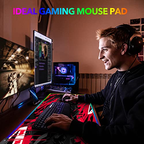 AIMSA Large RGB Gaming Mouse Pad, Keyboard Mousepad Led Extended 35.4 x 15.8 inch Non-Slip Rubber Base with 14 Lighting Modes, Big Desk Mat Waterproof, Red Black - color: Red Black