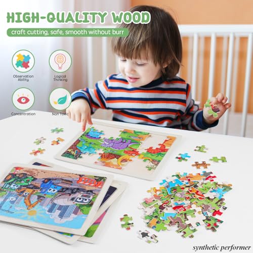 6 Pack Wooden Puzzles for Kids Ages 4-8, 60 Piece Jigsaw Puzzle Set | Preschool Educational Brain Teaser Toys, Animals Dinosaur Space & Vehicles, Educational Toys for Boys and Girls