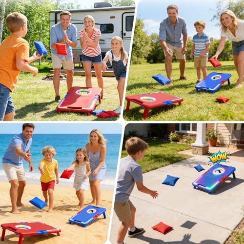 Light-Up Cornhole Board Set, Corn hole Sets with Sound Effects, 2 Foldable Boards & 8 Bean Bags, Portable Outdoor Toss game, Backyard Party Camping Toys Gifts for Kids,Teens,Family,Ages 6-12+