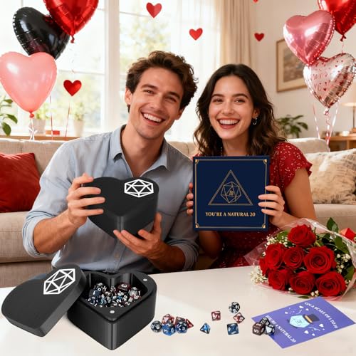 MOVINPE D&D Dice Box with Dice Set – Heart-Shaped Polyhedral Dice Storage Case with 14 Dice, Valentine’s Day Gift for Dungeons & Dragons Players, Tabletop RPG Dice Gift Set