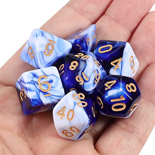 CiaraQ 7pcs Polyhedral Dice Set for Dungeon and Dragons MTG Table Games | Acrylic Role Playing Dice for D&D with Black Velvet Bag β Blue & White Marble Swirl with Gold Numbers - color: Blue & White Marble Swirl With Gold Numbers