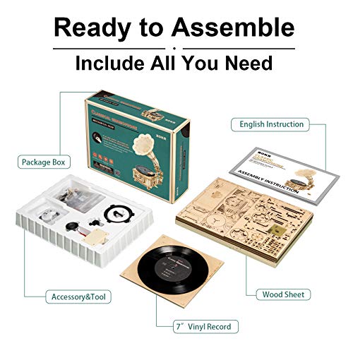 ROKR 3D Wooden Puzzles Gramophone for Adults - DIY Mechanical Model Kit 1:1 Replica Record Player Support 7"/10" Vinyl Building Gift Hobbies for Adults Home Decor