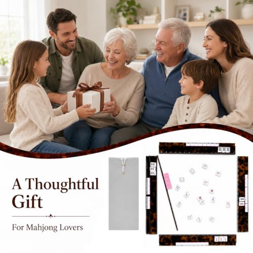 17.5 Inch Mahjong Racks with Magnetic Pushers, Tortoise Shell | Four-player acrylic set includes four racks, magnetic pushers and a divided storage bag for organized American mahjong play.