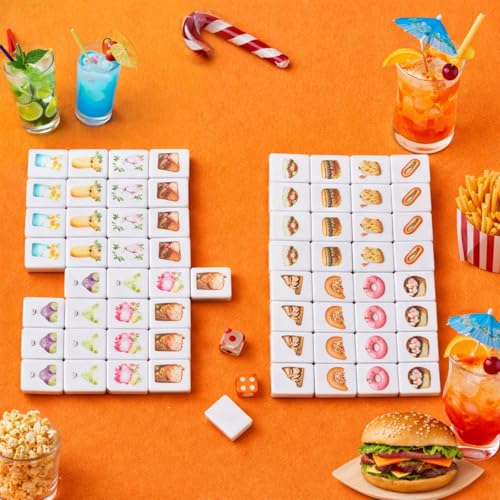 Hollowfly 2 Player Mahjong Block Set with Storage Bags 65 Tiles 30 mm Aesthetic Mahjong Push Tile Game with Food and Drink Pattern No DIY Required for Friend Family Game Night Party Gift - style: Food and Drink