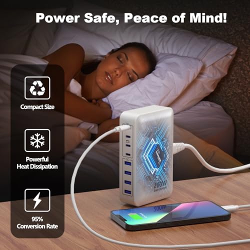 USB C Charger 200W Charger Block, 8-Ports Gan Fast Charging Station Hub, PD 65W Laptop Charging Adapter Compatible with MacBook Pro/Air, DELL, Steam Deck, iPhone 17/16/15/14, Galaxy (White) - color: White