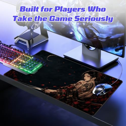 Moonlit Samurai Woman MTG Playmat, Card Game Play Mat with Stitched Edges, Smooth Surface Board Game Trading Card Mat, Non-Slip Rubber Base Large Gaming Mouse Pad 24 x 14 Inch - color: Moonlit Samurai Woman
