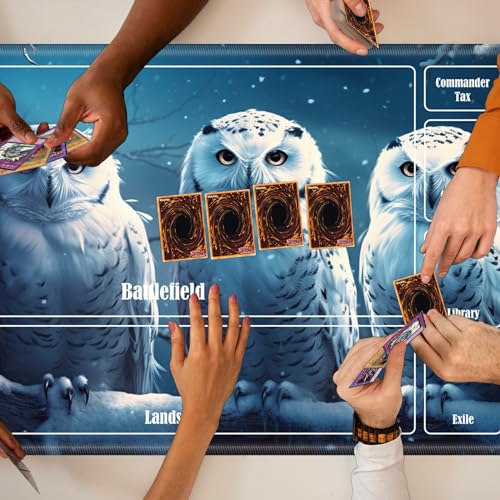 Board Game Mat TCG Playmat Plus 50 Pcs Card Sleeves, 24 x 14 inches Table Mats Games Mousepad with Zones Smooth Surface for MTG RPG CCG Trading Card Game Play Mats, Snow Owls - color: Snow Owls, size: Zone 1