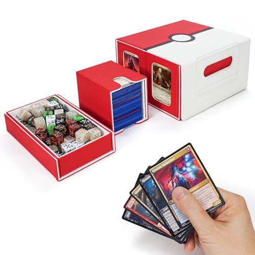 AFIING Commander Deck Box for MTG/EDH, Fits 400+ Double-Sleeved Cards, with Display Window, 4 Removable Deck Cases, Dividers, Dice Tray & Handle, Card Holders for TCG (White Red) - color: White Red
