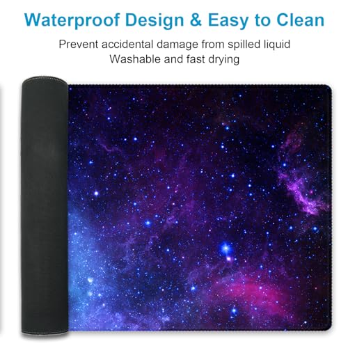 XXL Waterproof Office Desk Pad Protector 35.4x15.7 Inch - Extended Gaming Mouse Pad with Non-Slip Rubber Base, Thickened Keyboard Mat, Stitched Edges & Galaxy Star Design - color: Purple