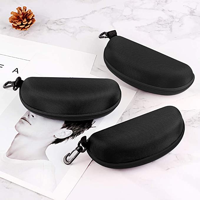 3 Pack Zipper Shell Eyeglasses and Sunglasses Case with Plastic Carabiner Hook - color: Black+blue+sliver