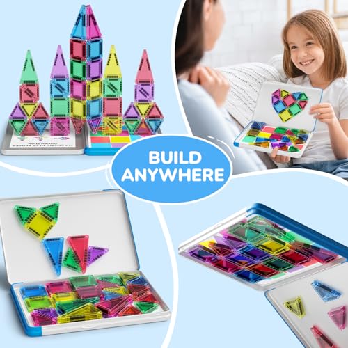 42PCS Mini Magnetic Tiles Travel Set with Iron Storage Box - Portable STEM Building Blocks for Kids 3-8, Montessori Educational Magnet Toys for Airplane, Car Rides & On-The-Go Play | Portable Montessori educational magnetic building tiles for airplane, ca