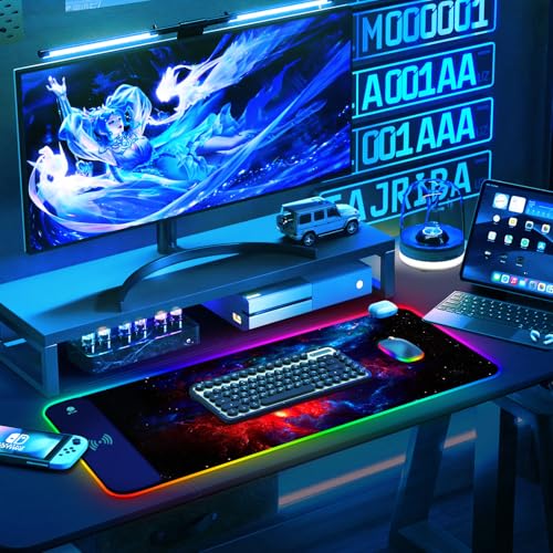 ToLuLu RGB Wireless Charging Gaming Mouse Pad, 7.5/10/15W 10 Light Modes LED Mouse Pad Computer Keyboard Mat Mousepad, 800x300x4MM Extended Large Desk Pad Desk Mat for Gamer, Red Blue Galaxy - color: Red Blue Galaxy