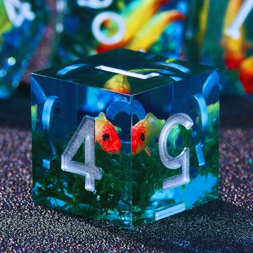 Moss and Koi Fish DND Dice Set - 7Pcs Sharp Edge Resin Polyhedral Game Dice for D&D RPG - Includes D20, D12, D10, D8, D6, D4 - Moss Agate Fish Design(Blue) - color: Blue