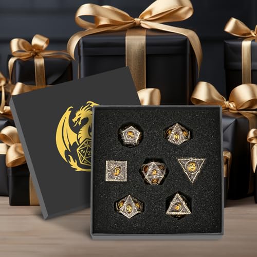 Metal Dice Set, Dragon Eye Theme, 7pcs Polyhedral Metal DND Dice Set, DND Starter Set, D&D Gifts with Gift Box, Role Playing Board Games Accessories, Bronze Amber - color: Bronze Amber With Gift Box