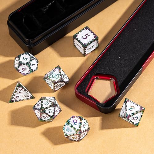 UDIXI Metal DND Dice Set, 7PCS Polyhedral Metal Dice Set D&D Dragon with Gift Box for Role Playing Games and Other Tabletop Game (Rainbow White) - color: Chain Frame-colorful White