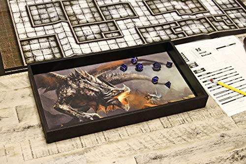 Forged Dice Co. Dice Tray 14" - Reversible Dice Rolling Mat - Compatible with Board Games and Tabletop RPGs Like Dungeons and Dragons Pathfinder Roleplaying Games - Dragon Battle - color: Black Tray W/ Dragon Battle Mat