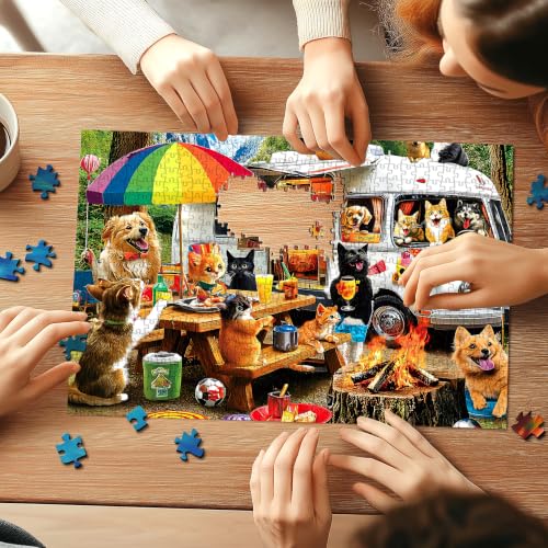 500 Piece Jigsaw Puzzles for Adults Funny Cats and Dogs Camping Adventure Adult Puzzles with Letters on Back Animal RV Campfire Scene Family Relax Puzzle for Seniors 23x15 Inch - color: Cats and Dogs