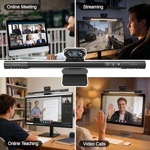 4-in-1 4K Webcam with Microphone and Speaker, Noise Cancellation, Privacy Cover, Auto Light Correction, 90° FOV , Plug & Play USB Camera with Monitor Light Bar, Webcam for PC/Meeting/Online Video