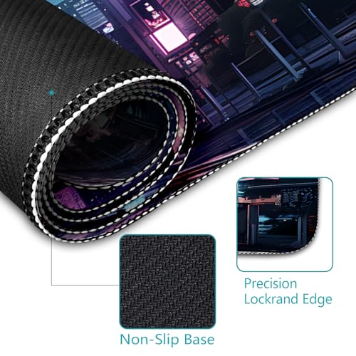 LIMKRIAN Cyberpunk Mouse Pad, Japanese Anime Cat Neon Tokyo Desk Mat Pad | Stitched Edges, Non-Slip, Large Mouse Pads for Desktop Computer Laptop Office Work Game Home, 31.5x11.8 in, Desk Accessories - color: Neon Tokyo