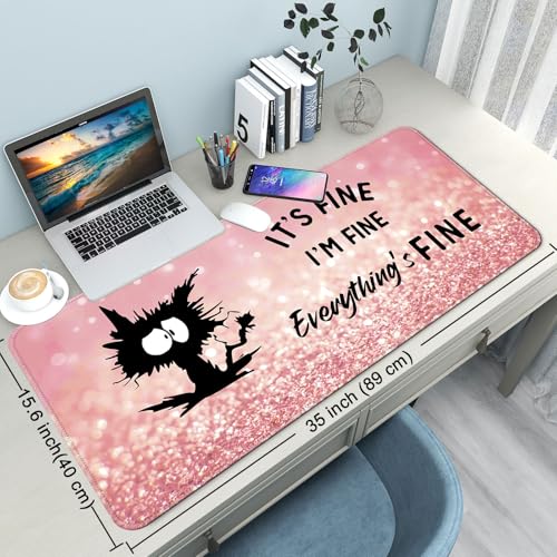 Desk Mat Pad,Large XXL Extended Mouse Pad Mat for Desktop Keyboard | 35''×15.6'' XXL Extended Gaming Mouse Pad with Non-slip Base Desk Matt Mousepad for Computer,Office,Keyboard and Laptop - color: A9-Pink Cat