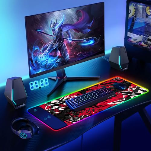 ToLuLu RGB Gaming 5/7.5/10/15W 10 Light Modes Wireless Charging Mouse Pad, LED Mouse Pad Computer Keyboard Mat Mousepad, 800x300x4MM Extended Large Desk Mat for Gaming, MacBook, Laptop, PC,Red Black - color: Red Black