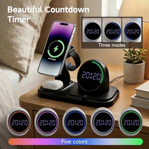 6-in-1 Wireless Charging Station with 30W Fast Adapter, RGB Ambient Light, Digital Clock & Bluetooth Speaker, Multi-Function Desktop Charger for Wireless Charging Phones, Earbuds & Watch - color: Black