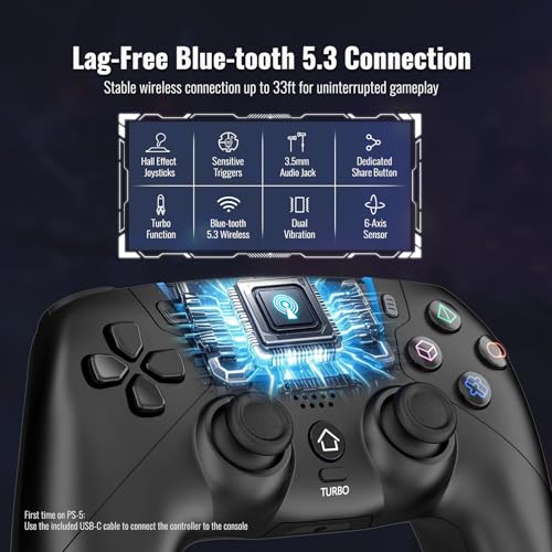 BETMI Wireless Controller for PS-5/Pro/Slim/PC with Hall Joysticks (Black) | Bluetooth Gaming Controller with LED Channel Light/Turbo/6-Axis Gyro/Dual Vibration/Touchpad/3.5mm TRRS Audio Jack/Speaker
