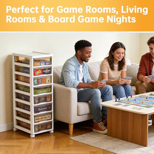 Board Game Storage Cabinet - Plastic Clear Storage Containers, 8-Tier Large Capacity, with Individual Pull-Out Drawers, Lockable Wheels Casters, Ideal for Card Game Boxes and Standard-Size Board Games