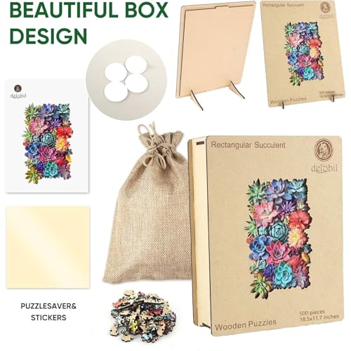 Delobil Rectangular Succulent Wooden Puzzles,500 Pieces Jigsaw Puzzles 18.5'' x11.7'', Unique Design Wooden Puzzles for Adults and Kids, Family Game Gift Royal Size - color: Rectangular Succulent, size: 500Pcs