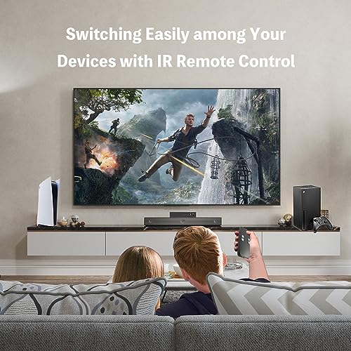 HDMI Switch 4 in 1 Out 8K 120Hz 4K HDMI 2.1 Switcher/Splitter 4 in 1 Out with Remote, 4 Port Hub for Gaming PS5 Xbox TV Monitor - Ultra HD HDR 1080P 3D