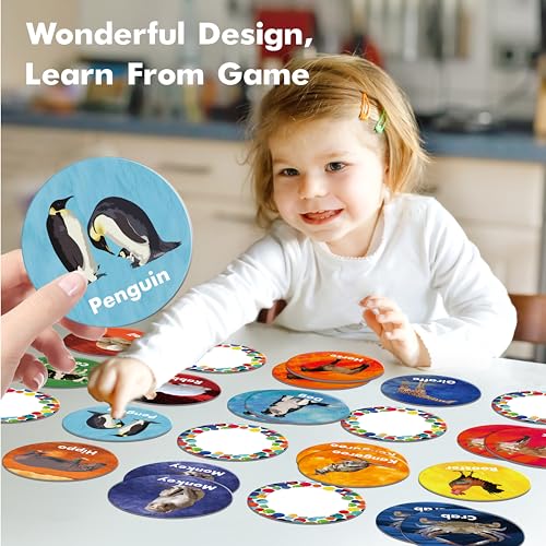 Hebayy Realistic Animal Matching Game, 50 PCS Round Animal Memory Matching Cards for Toddlers 25 Pairs Real Animal Memory Cards Educational Toys for Preschool Boys & Girls 4 5 6 Years Old - style: Real Animals-C(Round 3 inch)