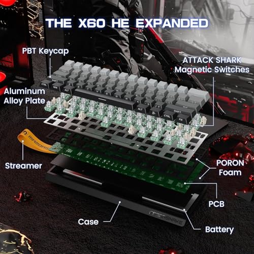ATTACK SHARK MAMBASNAKE X60 HE Wireless 8K Mechanical RT Keyboard-Moonlight | Tri Mode-2.4Ghz/BT/Wired,Hall Effect Magnetic Switch,RGB Backlight,0.01mm Accuracy,4000 mAh battery,Web Driver for PC Win Mac - color: Moonlight, size: Keyboard
