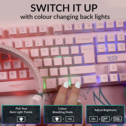 Orzly Pink Gaming Keyboard RGB USB Wired Rainbow Keyboard Designed for PC Gamers, PS4, PS5, Laptop, Xbox, Nintendo Switch, RX-250 Hornet Edition - color: PINK